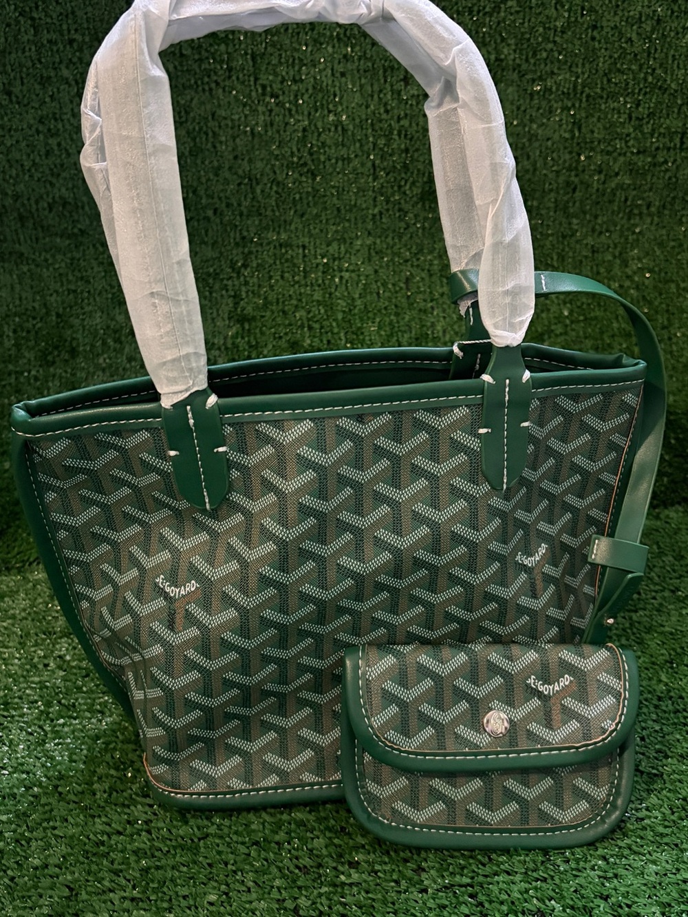 Goyard Green Patterned Tote with Matching Pouch
